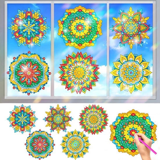 Pittura con Diamanti per Adulti, Kit di Pittura con Diamanti Mandala 6 pezzi, Sticker DIY con Vetro a Vetri, Sticker Autoadesivi per Zonnevanger, Sticker per Finestra con Strass, Attività Artigianali per Decorazione