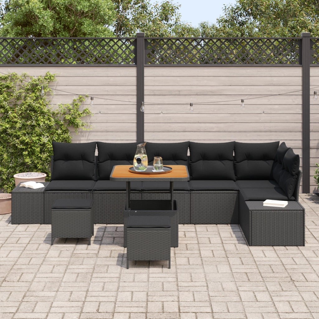 Set divani giardino con cuscini  9 pezzi Nero Polyrattan Acacia
