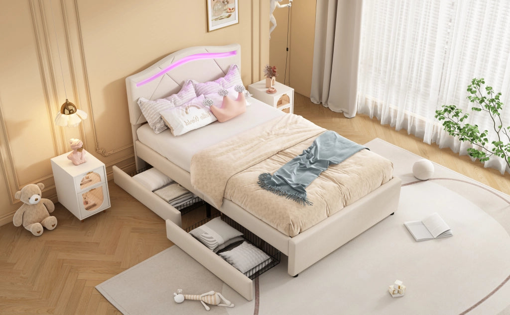 DESMIU Letto singolo 90 × 200 cm 1 posto con 2 cassetti, LED regolabile e testiera regolabile, senza materasso, beige