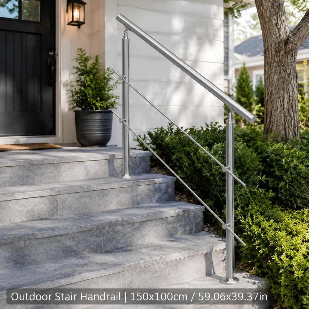 Outdoor Stair Handrails, 47.2 Inches Long, 2 Crossbars, Stair Handrail Set, Stainless Steel Transition Railing With Mounting Kit, Double-post Stair Handrails For Seniors, Porch And Patio