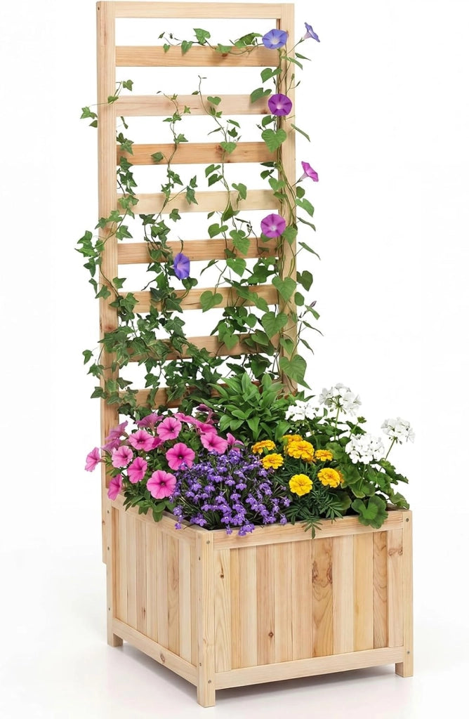 Letto da Giardino Rialzato in Legno con Traliccio, Fioriera Elevata con Fori di Drenaggio & Spazi per Piante Rampicanti, Viti, Fiori, Verdure, Fioriera per Interni ed Esterni (Arancione)