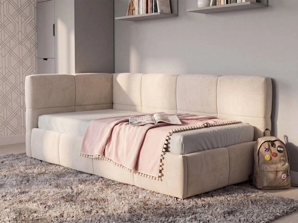 Divano letto imbottita in tessuto beige chiaro lato sinistro 90x200 cm con pouf contenitore a forma di L