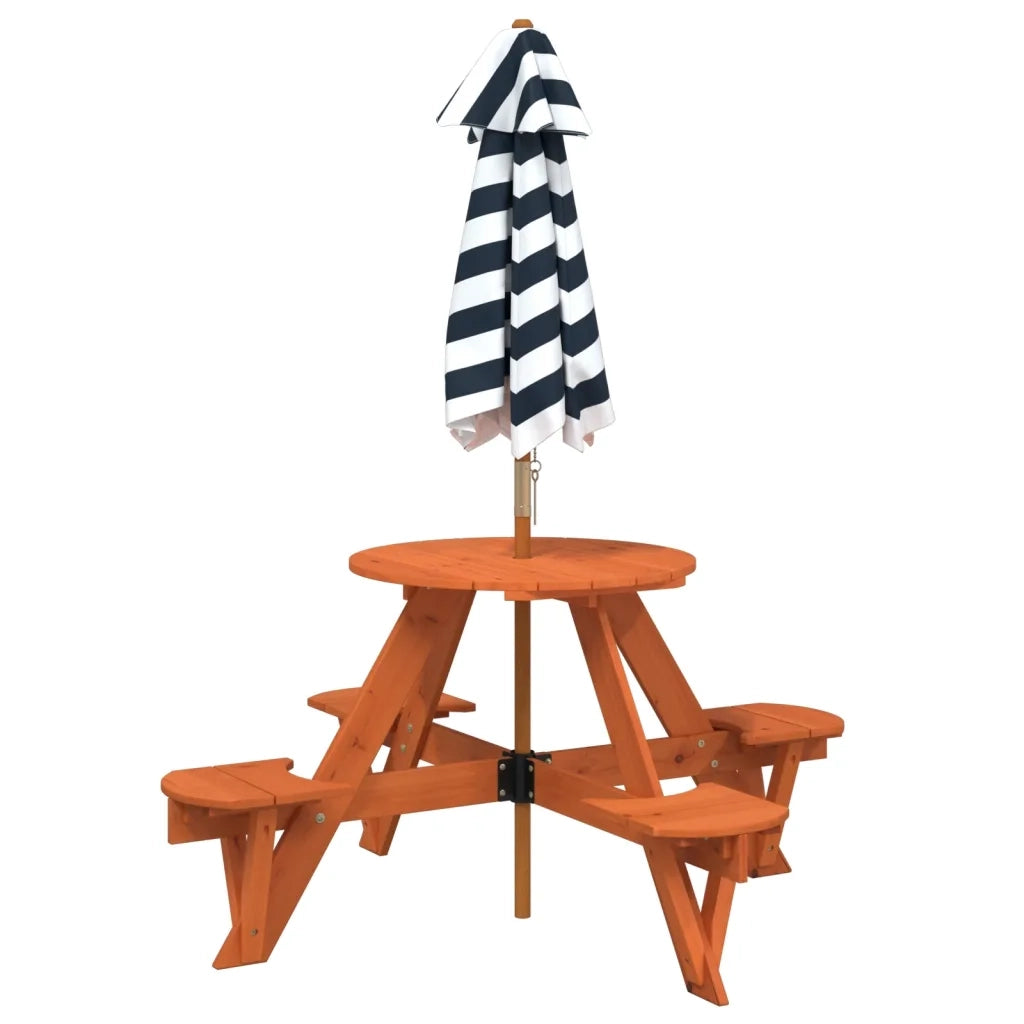 Tavolino da Giardino | Tavolo Picnic per 4 Bambini con Ombrellone Rotondo Legno Abete