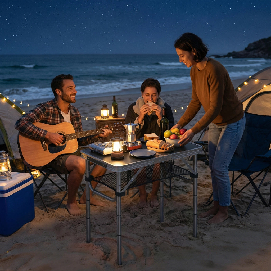 Tavolo Campeggio Pieghevole 60x40x 60 cm Picnic con Ripiano a Rete in Alluminio e MDF Nero