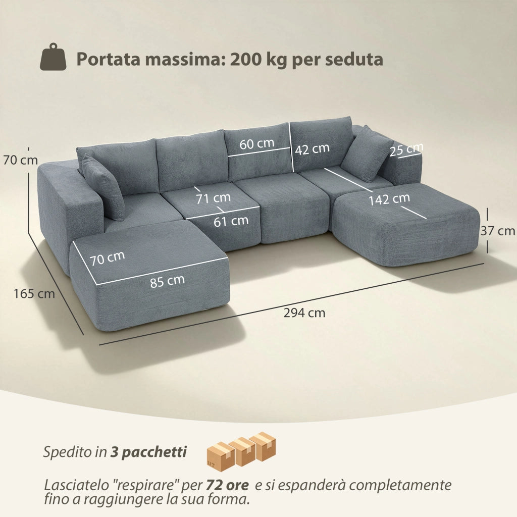 Divano Modulabile ad Angolo 294x165x70 cm con Cuscini in Tessuto Effetto Velluto Grigio Scuro