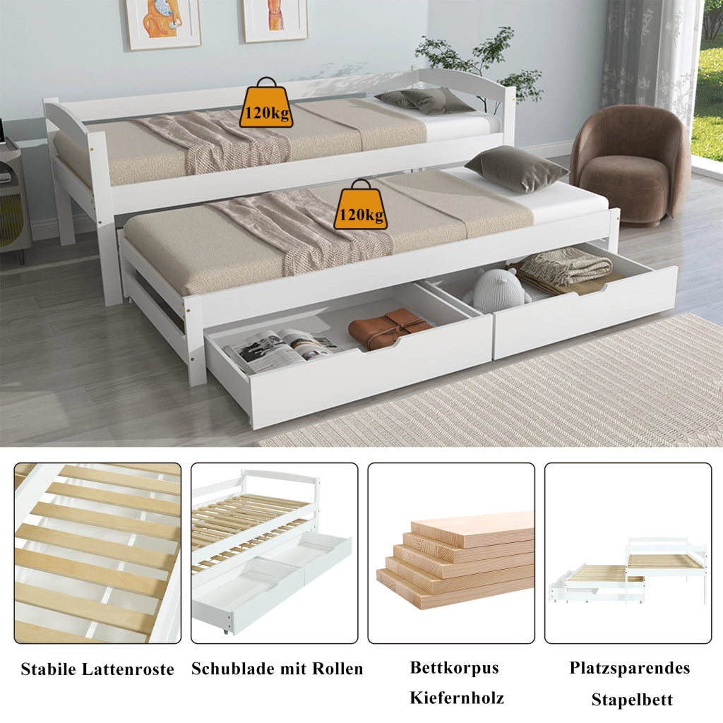 Letto a scomparsa singolo e matrimoniale con letto estraibile, 2 cassetti in MDF, struttura in legno massello bianco