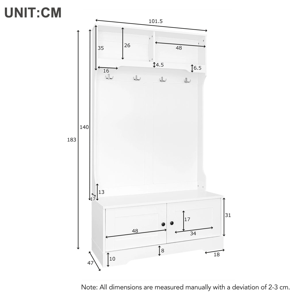 Mobile da ingresso con panca 101，5x47x183 cm bianco， 4 ganci， 2 vani