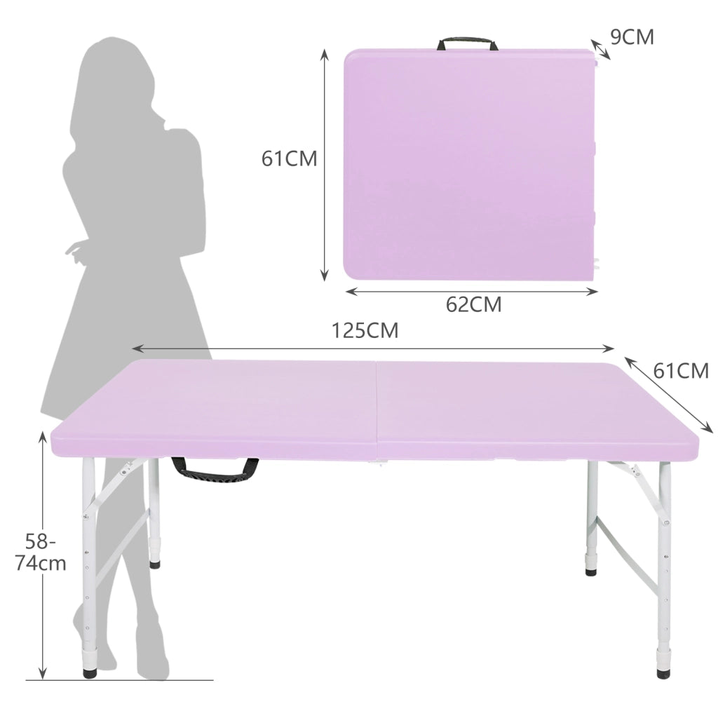 Tavolo pieghevole con maniglia, in plastica ad alta densità e struttura in acciaio, per interni ed esterni, viola, 125 × 61 × 58-74 cm