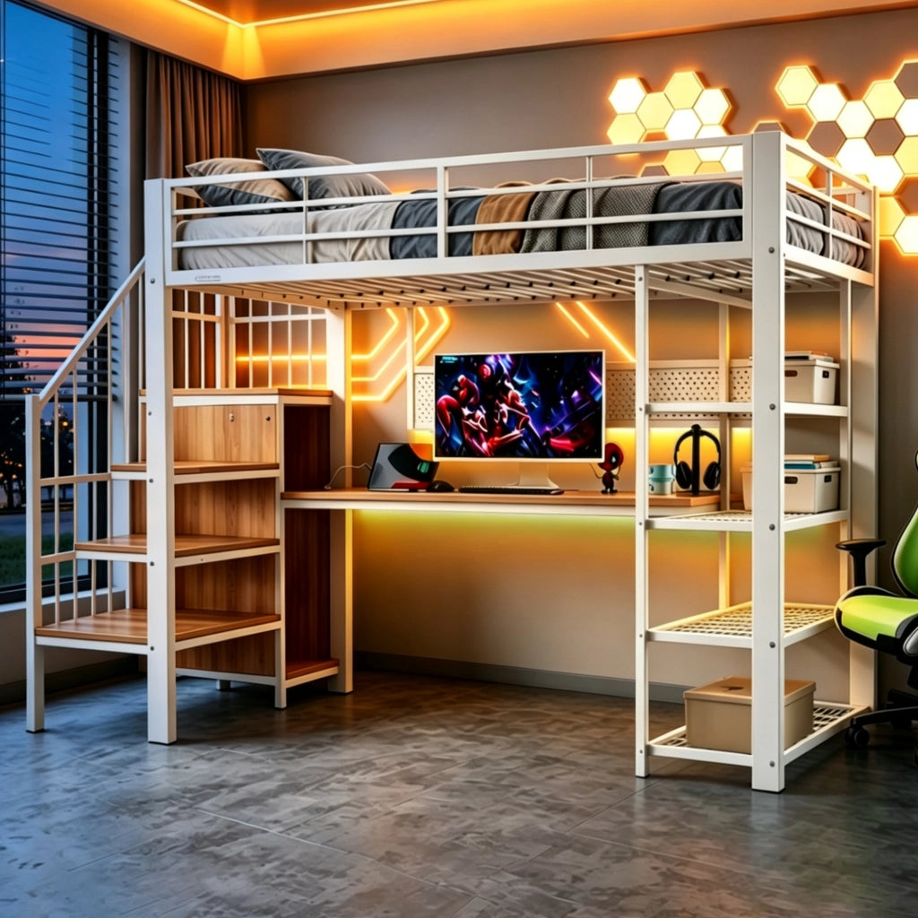 LETTO a soppalco 90 x 200 cm con scala contenitore, LED, prese, bianco