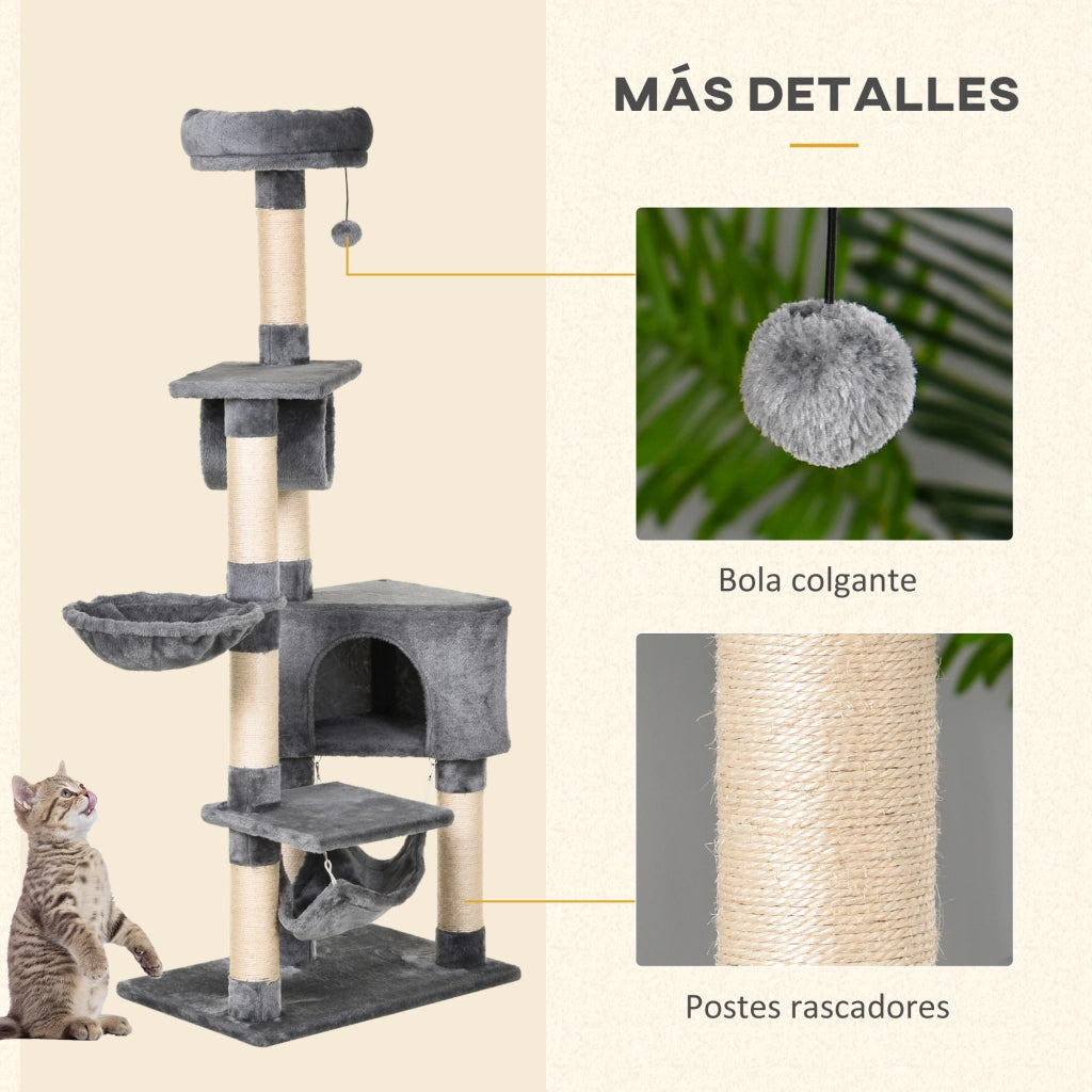 Torre per Gatti con Piattaforme T¨²nel Amaca e Posti di Riscatto ¨C Zephmum ¨C Grigio 60x40x154 cm