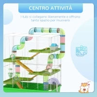 Gabbia Criceti a 5 Livelli con Tubi, Casetta, Serbatoio e Ruota, in Acciaio, PP e PS, 59x36x69 cm, Verde e Bianca
