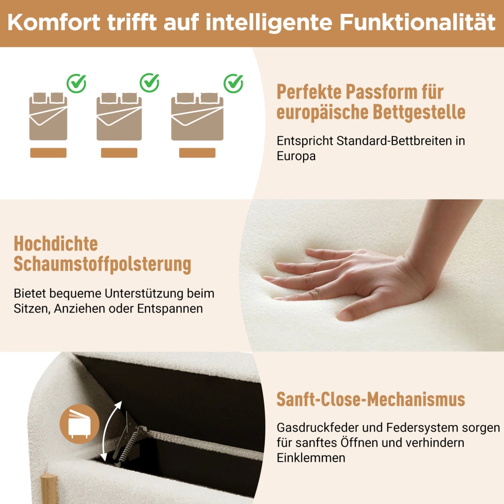 Panca contenitore imbottita 166 × 47 × 61 cm con vano idraulico e chiusura soft-close, senza materasso, bianca
