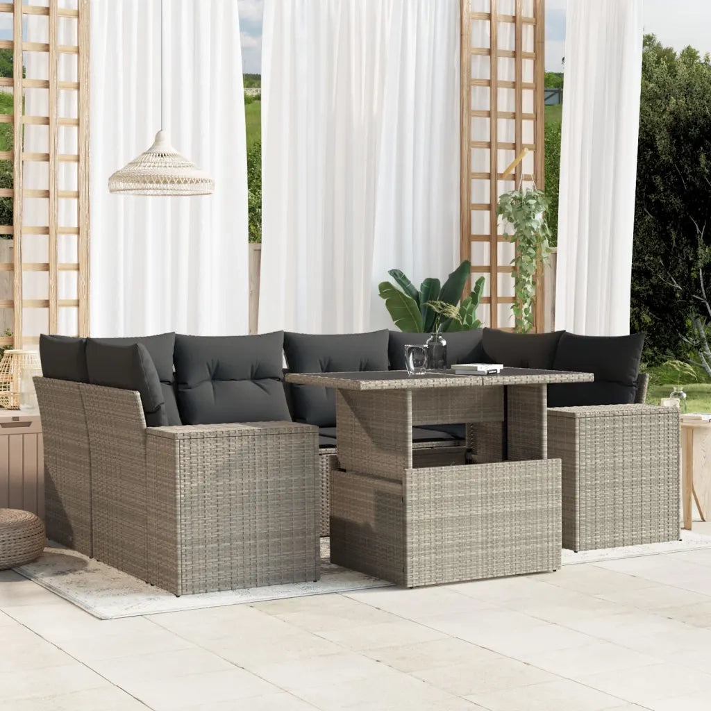 Set Divani da Giardino 7pz con Cuscini Grigio Chiaro Polyrattan