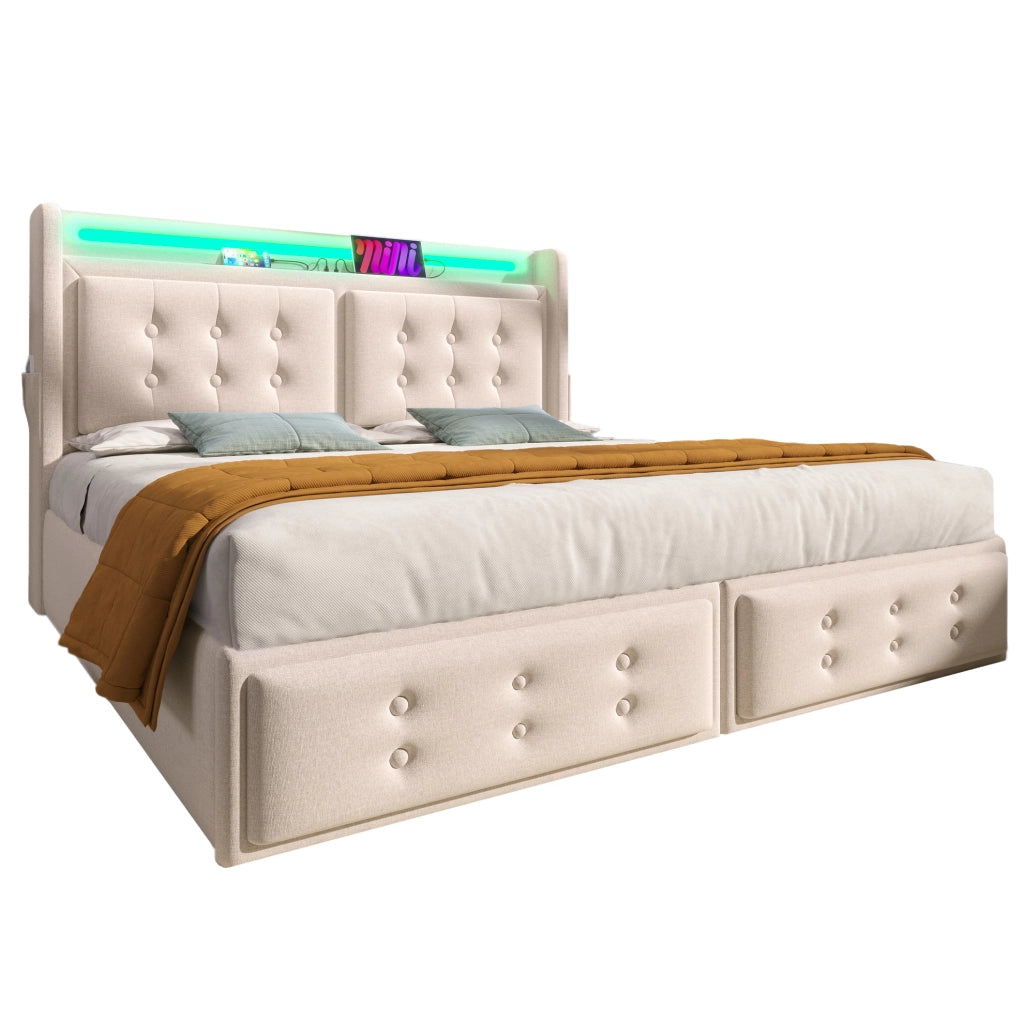 Letto matrimoniale 140x200 cm con contenitore; LED; prese e USB-C; tessuto cotone lino beige