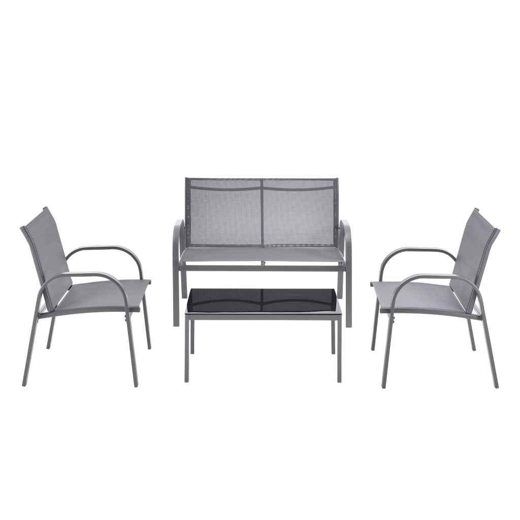 Set di Mobili da Giardino Fino a 4 Posti di Seduta Arredo Esterno Set Composto di 1 Divano e 2 Sedie con Braccioli e 1 Tavolino Basso con Piano in Vetro - Grigio Chiaro
