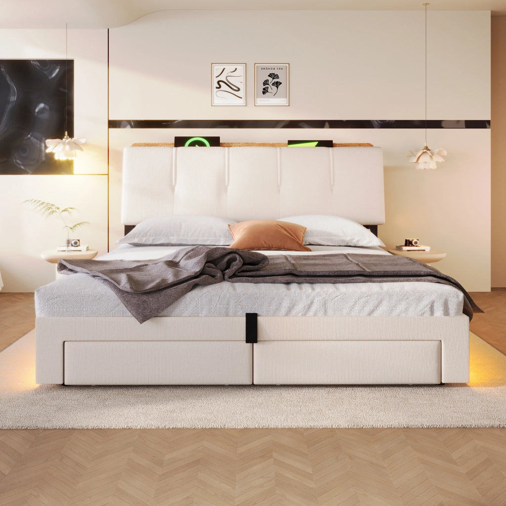 Letti contenitori 140x200 cm; con USB e LED; lino beige (Senza materasso)