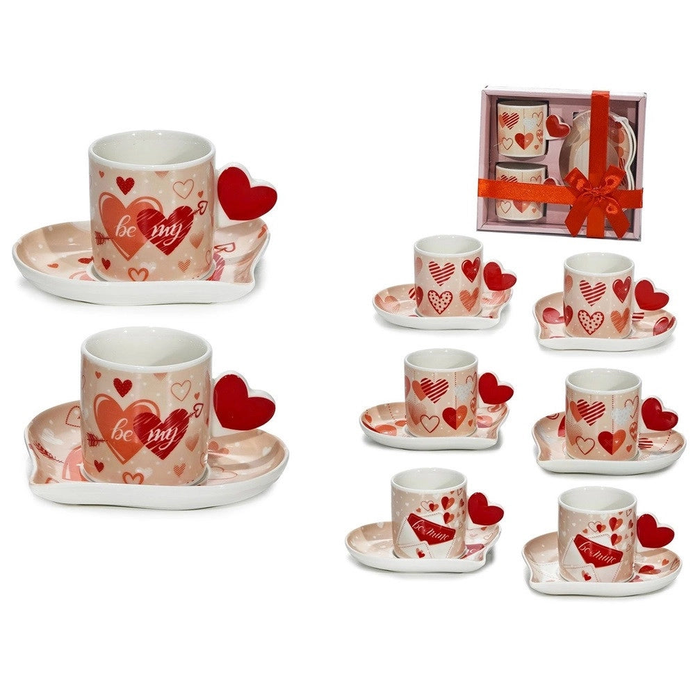 Trade Shop - Set 2 Tazzine 8cl Con Piattini A Tema San Valentino Con Manici A Cuore Per Caffè Espresso -