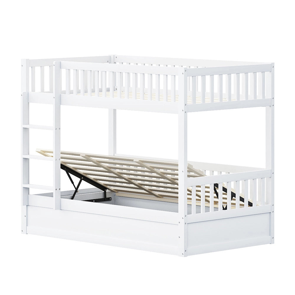 Letto a Castello/Cucce Bambini – Xylo – 90x200cm Legno Massello, Sollevamento Idraulico, Bianco, Robusto