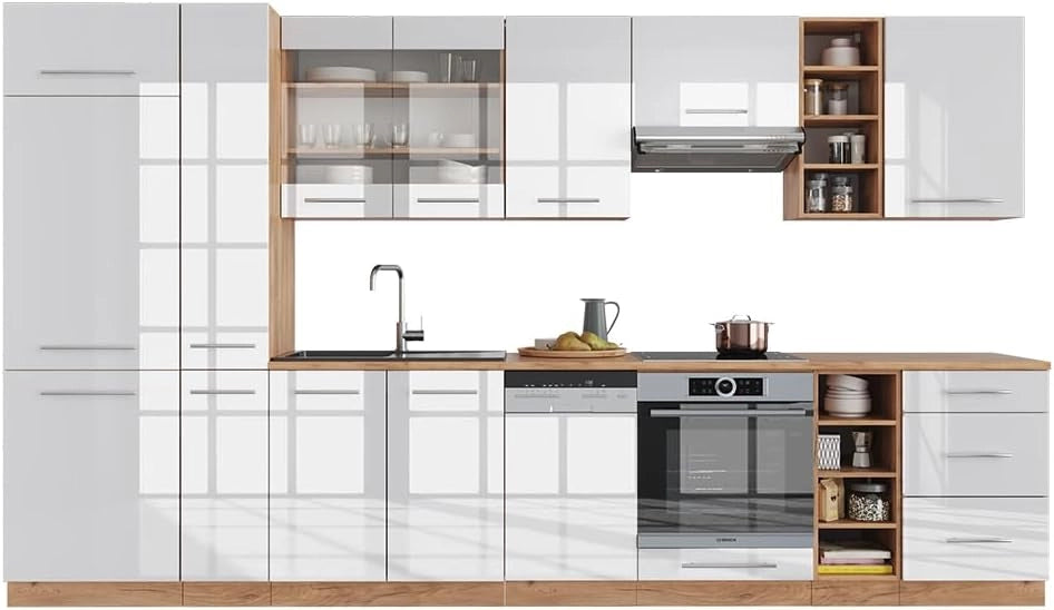 Cucina componibile Fame-Line, Bianco lucido/oro power oak, 355 cm senza piano di lavoro, adatto per l'espansione personalizzata con moduli aggiuntivi