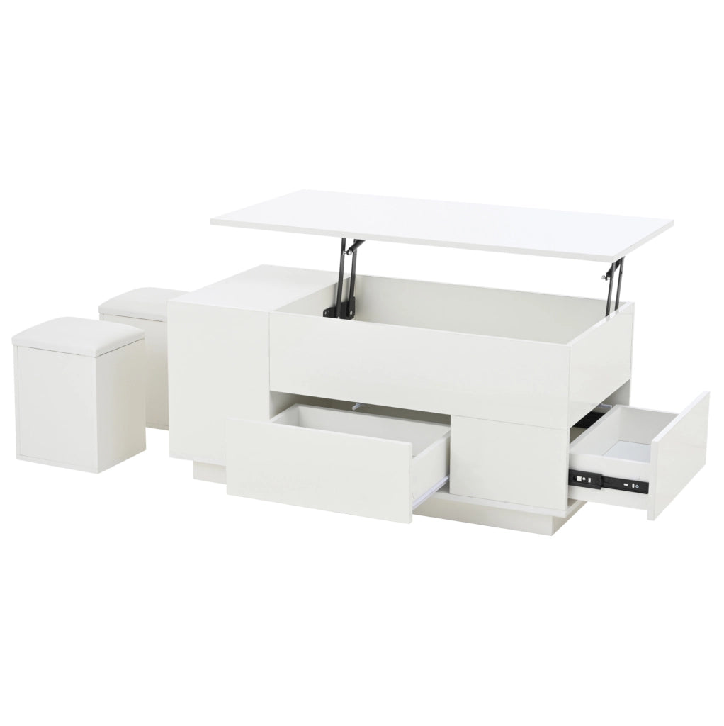 Tavolino da salotto sollevabile 100x50x45 cm in truciolare bianco con LED; 2 cassetti e 2 sgabelli
