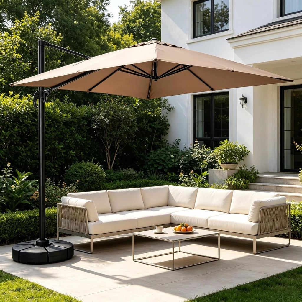 Ombrellone da giardino, 300 cm, pieghevole e regolabile in altezza, da balcone, rettangolare, da spiaggia con base a croce, ombrellone stabile e di alta qualità, marrone, 300 x 300 cm