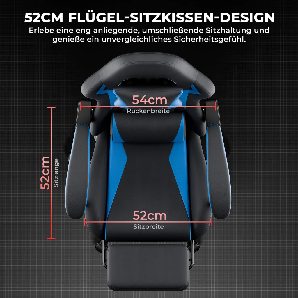 Sedia da gaming ergonomica con supporto lombare, poggiatesta, braccioli collegati e ruote silenziose in PVC nero e blu