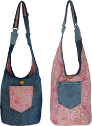 Borsa da Spalla per Donna Sostenibile. Fatta con Jeans e Cotone Riciclati. Borsa a Tracolla Boho con Fiori, Blu e Rosa.