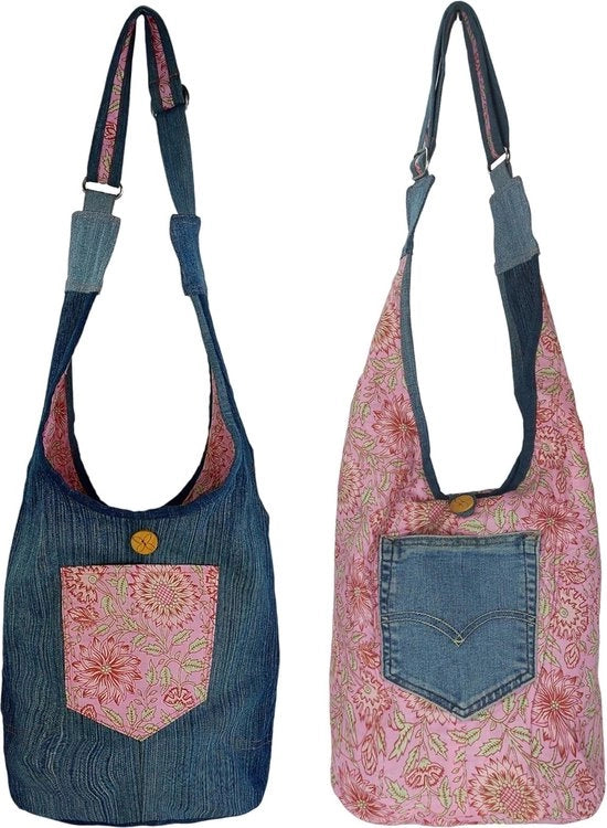 Borsa da Spalla per Donna Sostenibile. Fatta con Jeans e Cotone Riciclati. Borsa a Tracolla Boho con Fiori, Blu e Rosa.