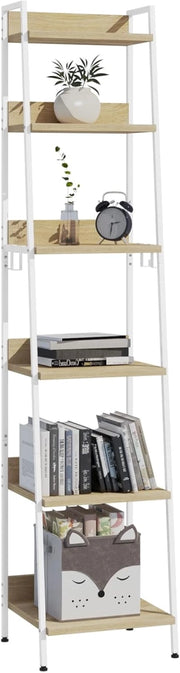 Libreria a 6 Ripiani, Scaffale con 4 Ganci Industriale, Scaffale a Scala in MDF e Metallo per Soggiorno, Cucina, Studio, Ufficio,Bianco, 41x36x187cm RGB30whe