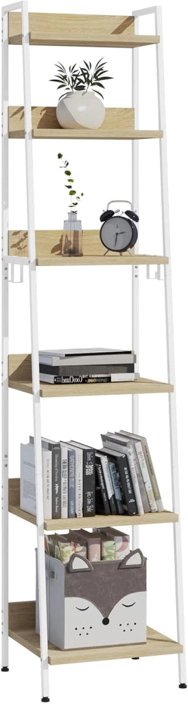 Libreria a 6 Ripiani, Scaffale con 4 Ganci Industriale, Scaffale a Scala in MDF e Metallo per Soggiorno, Cucina, Studio, Ufficio,Bianco, 41x36x187cm RGB30whe