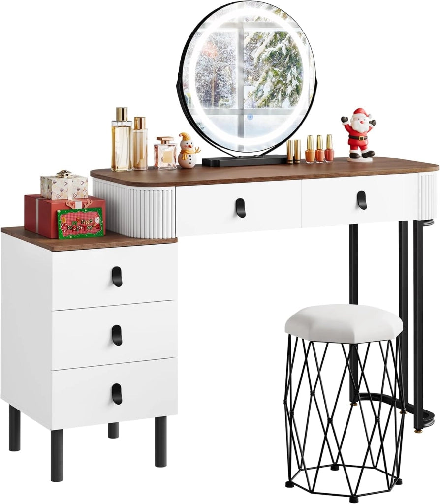 Toeletta da Trucco con Sgabello, con Luci Dimmerabili e Specchio Rimovibile, Consolle da Trucco, Cassettiera Spostabile, Effetto Legno Noce Aranciato