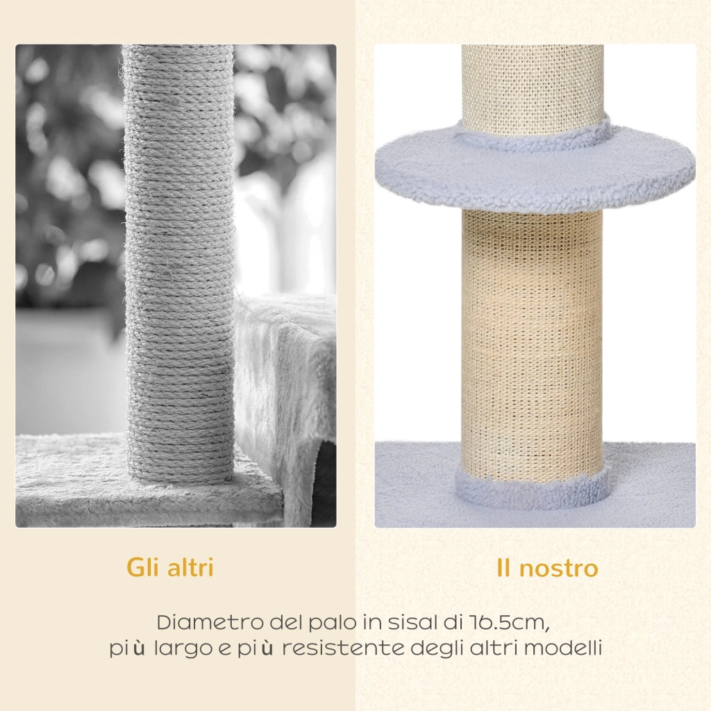 Tiragraffi per Gatti con Lettino, Rivestimento Peluche e Palo in Sisal, 45x45x91cm, Azzurro