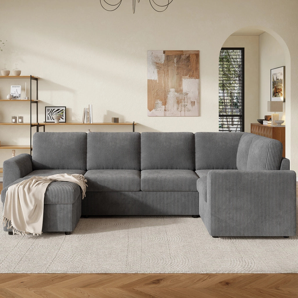 Divano Angolare con Poggiapiedi ¨C MINIMAL ¨C Velluto a Coste Grigio, 282x153x85 cm