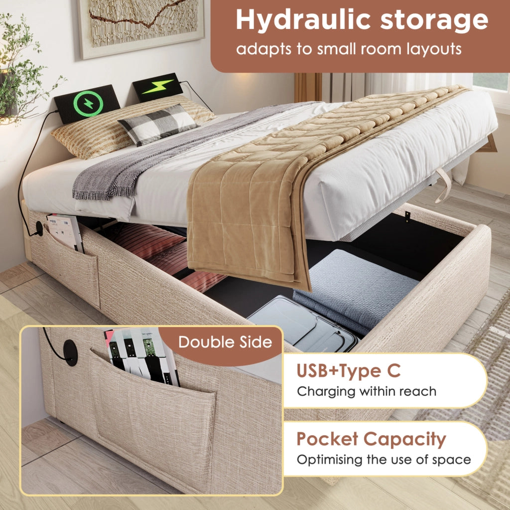 Letto contenitore matrimoniale 160x200 cm in lino beige e naturale con USB e Type-C; senza testiera