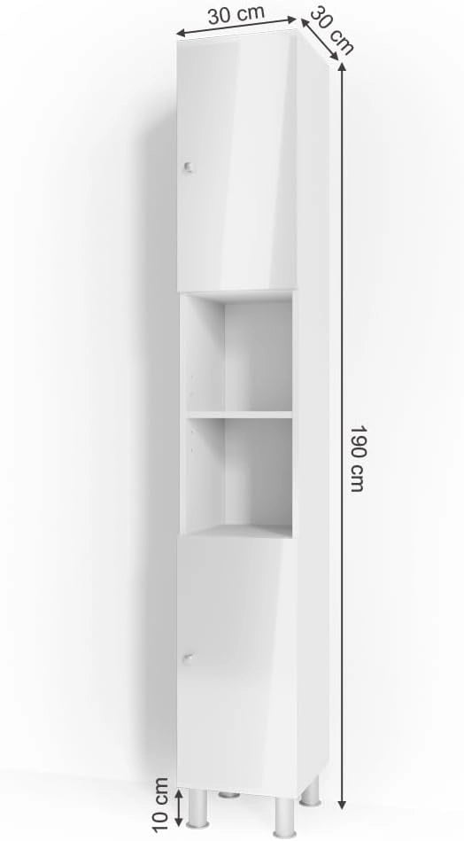 Mobile bagno alto Fynn, Bianco lucido, 30 x 190 cm, per la conservazione di articoli da bagno e asciugamani