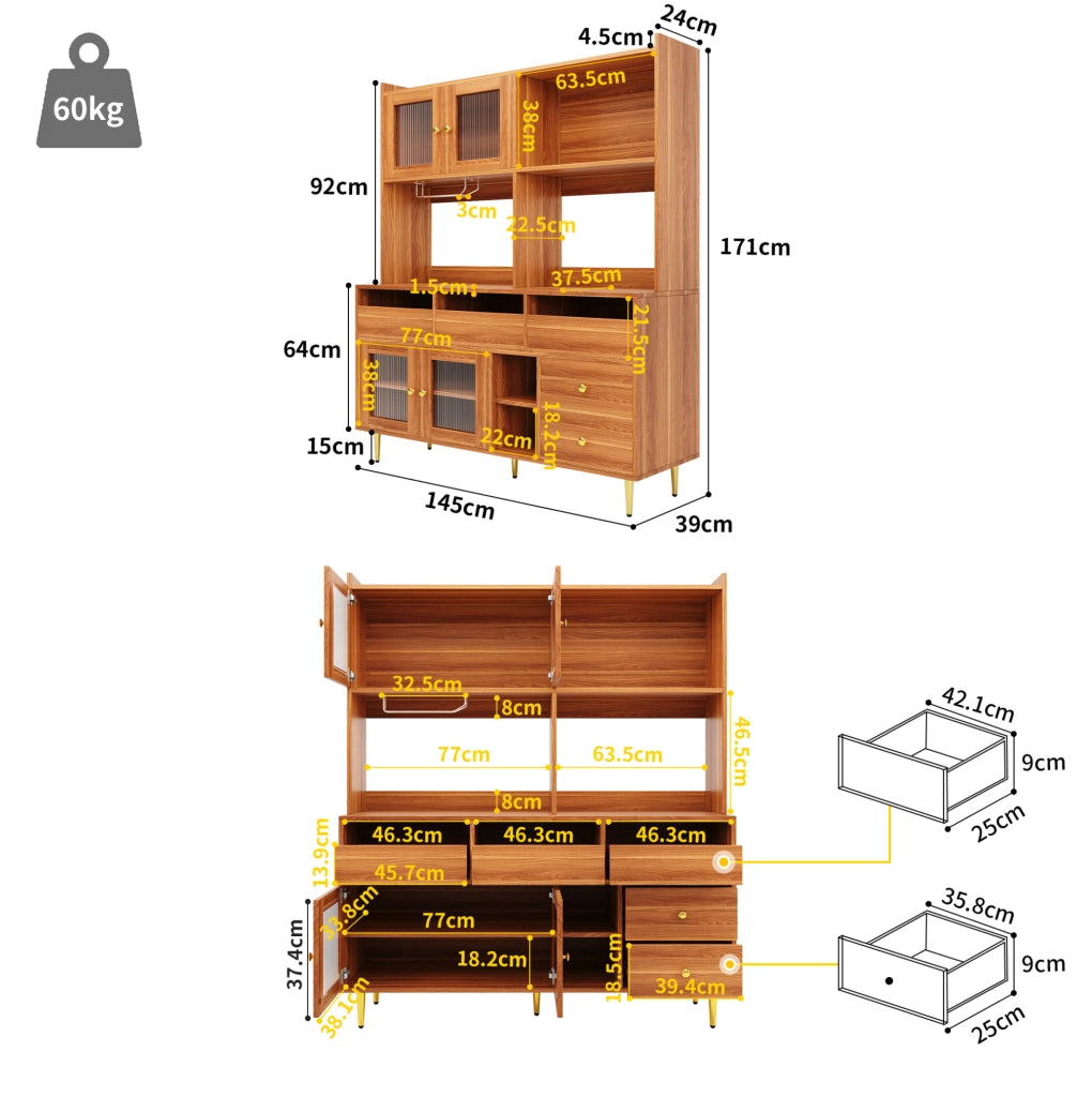 Credenza alta in MDF con vetro scanalato e portabottiglie