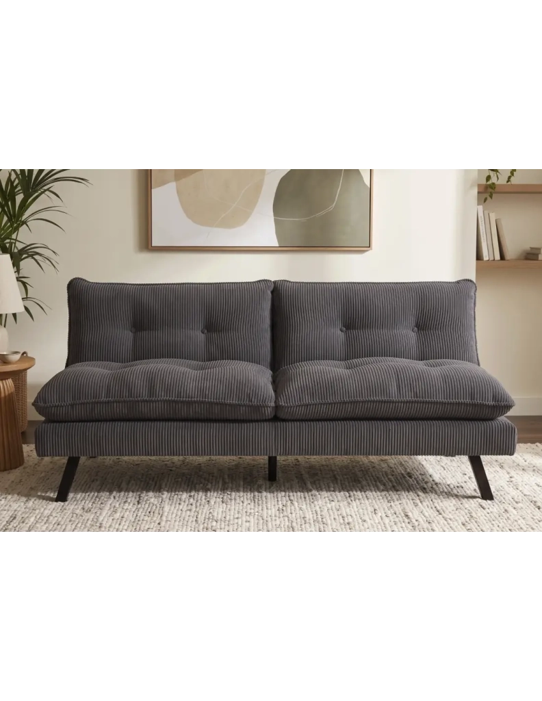Divano letto AZENA 3 posti in tessuto a coste – Grigio scuro e nero – 190 x 80 x 90 cm
