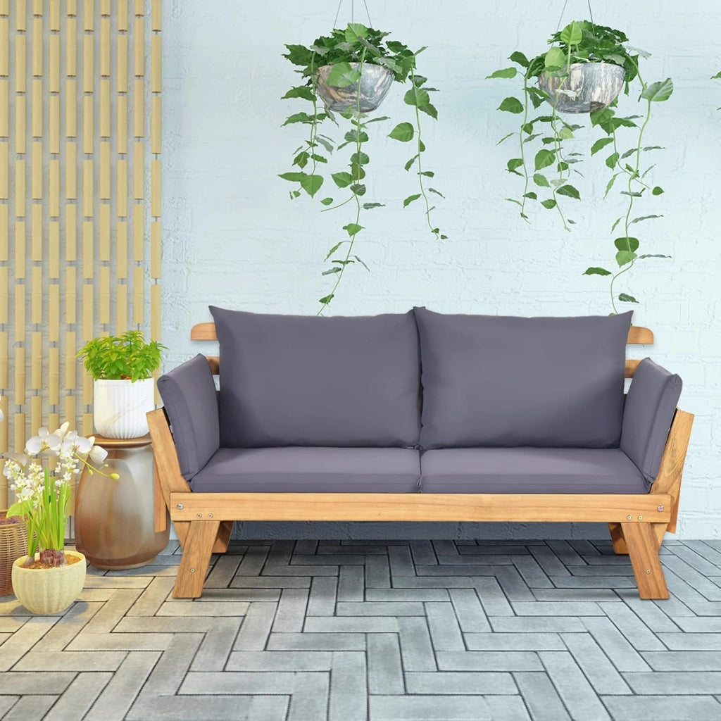 Divano Esterno da Giardino 2 Posti con Cuscino，Set da Giardino in Legno Certificato FSC，Sdraio da Giardino Pieghevole da 2 Persone,153/194 x 72 x 76 cm，Beige/Grigio