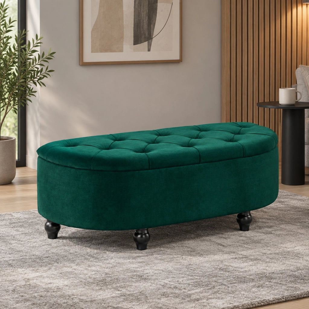 Panca contenitore in velluto verde scuro, 120 x 46 x 42 cm