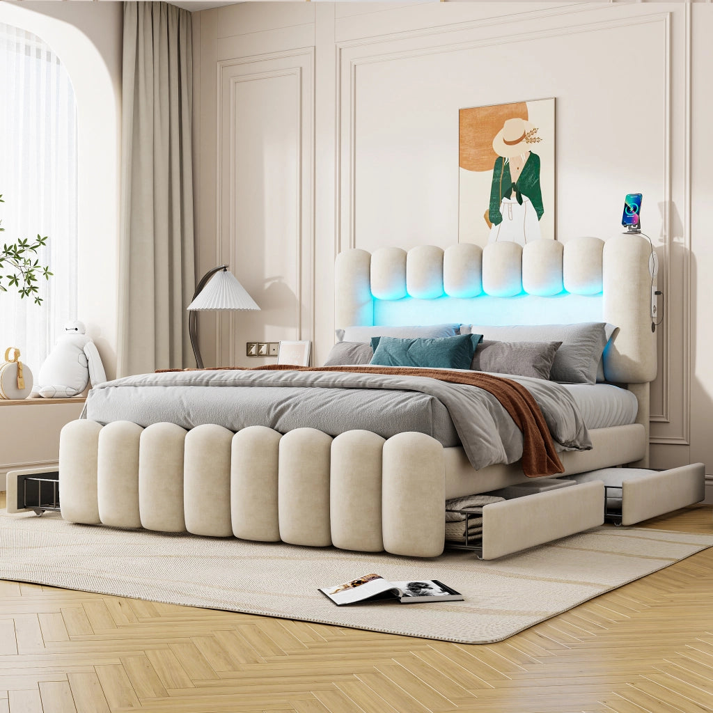 OKWISH Letto con Cassetti 160×200 cm, Letto Matrimoniale con 4 Cassetti, USB, Altoparlanti e LED Regolabile, senza Materasso, Velluto, Beige