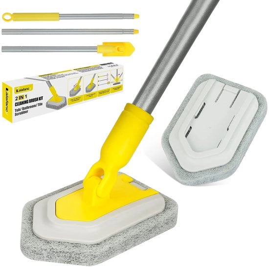 Schrobber per immersion con manico con setole di pulizia per bagno, schrobber per doccia con asta di 119 cm con testa intercambiabile può essere ruotato di 180° per bagno, muro, vasca e piastrelle