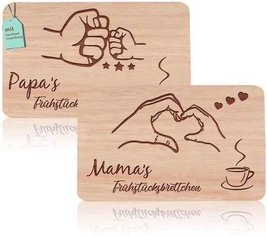 Set di 2 mensole per colazione per mamma e papà | Tavola per snack con incisioni | Regalo per nonni | Tavola da taglio in quercia | Ideale idea regalo per la Festa della Mamma, il Giorno del Papà, compleanni, Natale