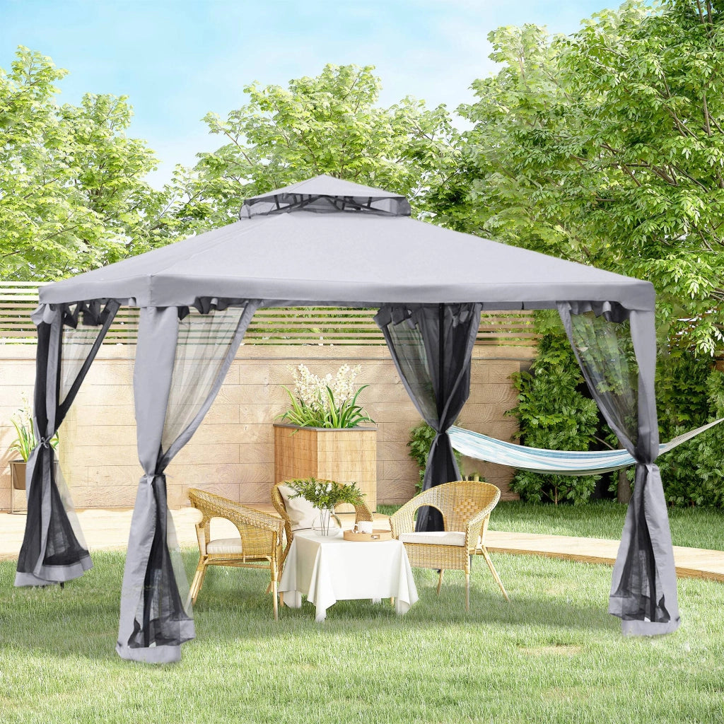Gazebo da giardino 3x3m ¨C zephmum ¨C doppio tetto con zanzariere grigio chiaro