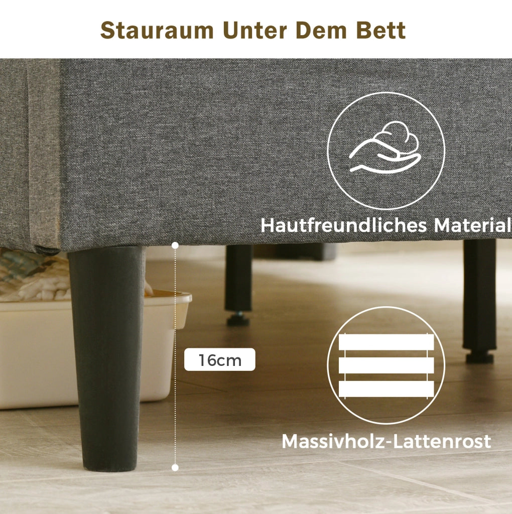 Letto imbottito 140x200 cm grigio con LED, USB, presa e materasso