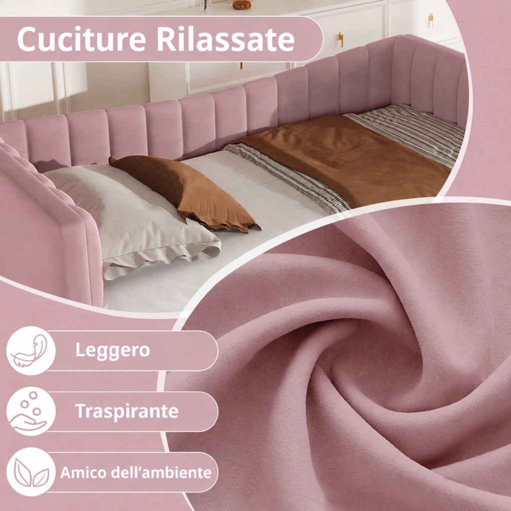 Letto imbottito con letto estraibile; 90 x 200 cm estensibile a 180 x 200 cm; velluto e MDF; bianco