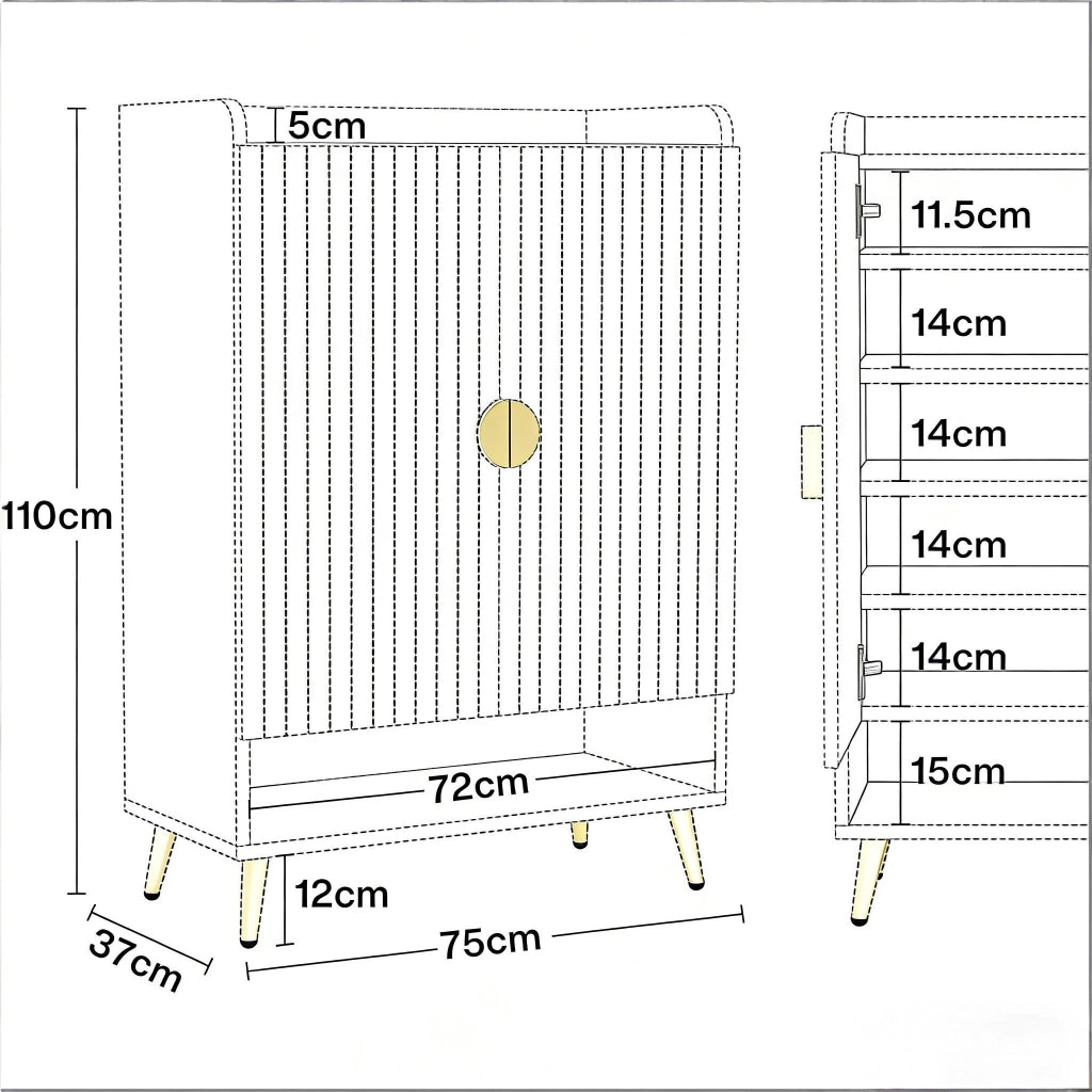Scarpiera con 7 ripiani e ripiano inferiore aperto; 22-25 paia; per ingresso; in legno e metallo; bianco