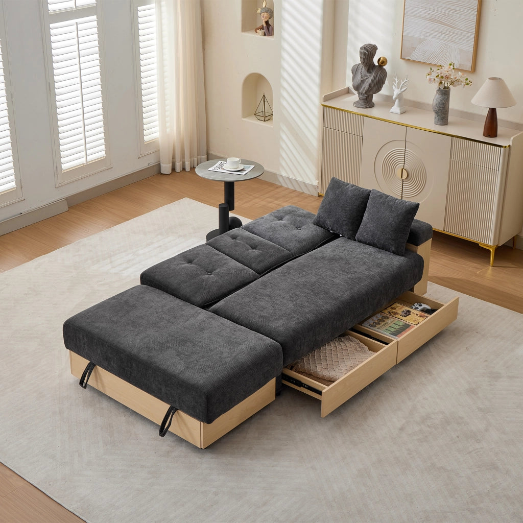 Divano in Chenille grigio con contenitore, schienale reclinabile 3 posizioni, 2 cassetti, portabicchieri e struttura in MDF, 217 cm.