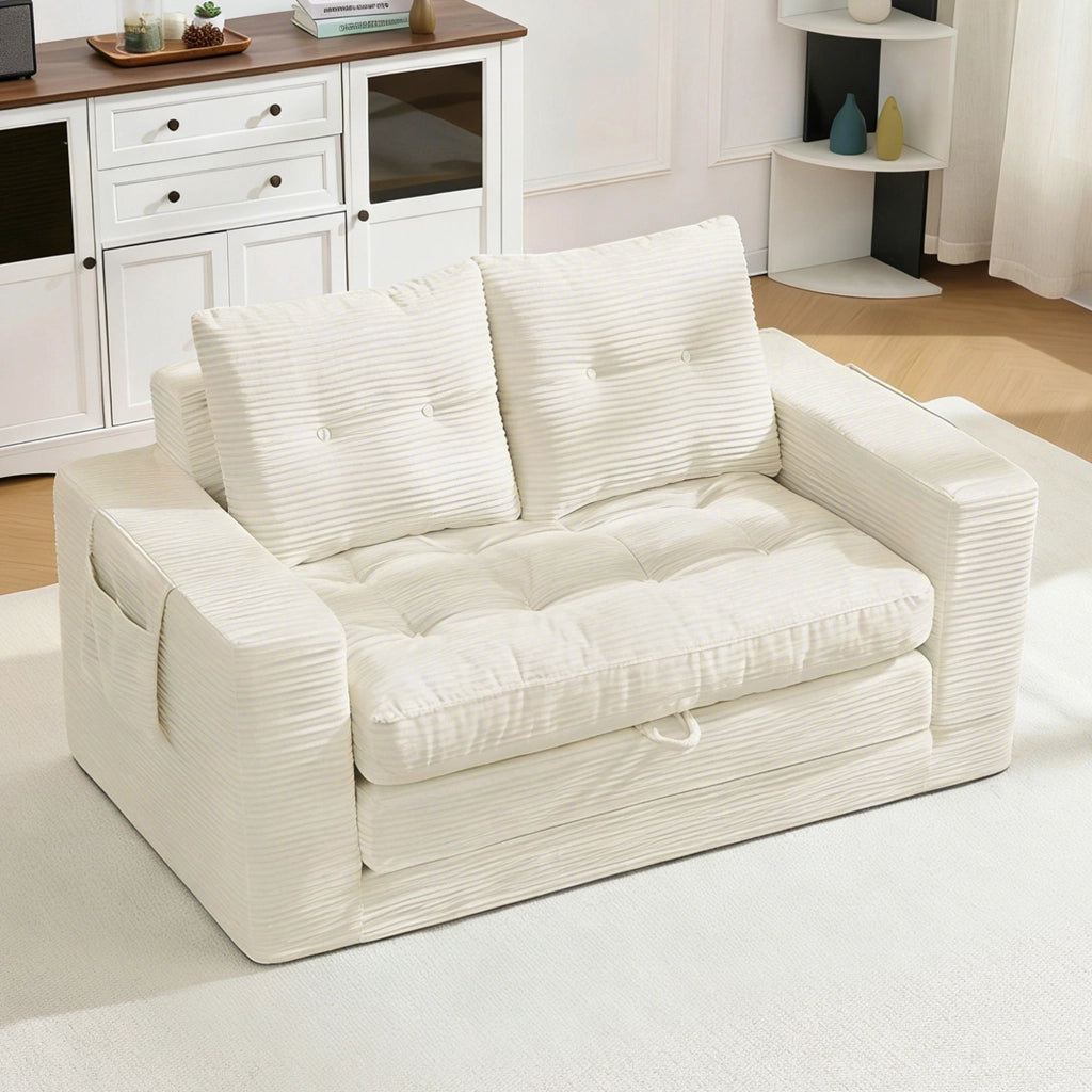 DIVANO LETTO 2 POSTI in velluto a coste Beige con tasche laterali