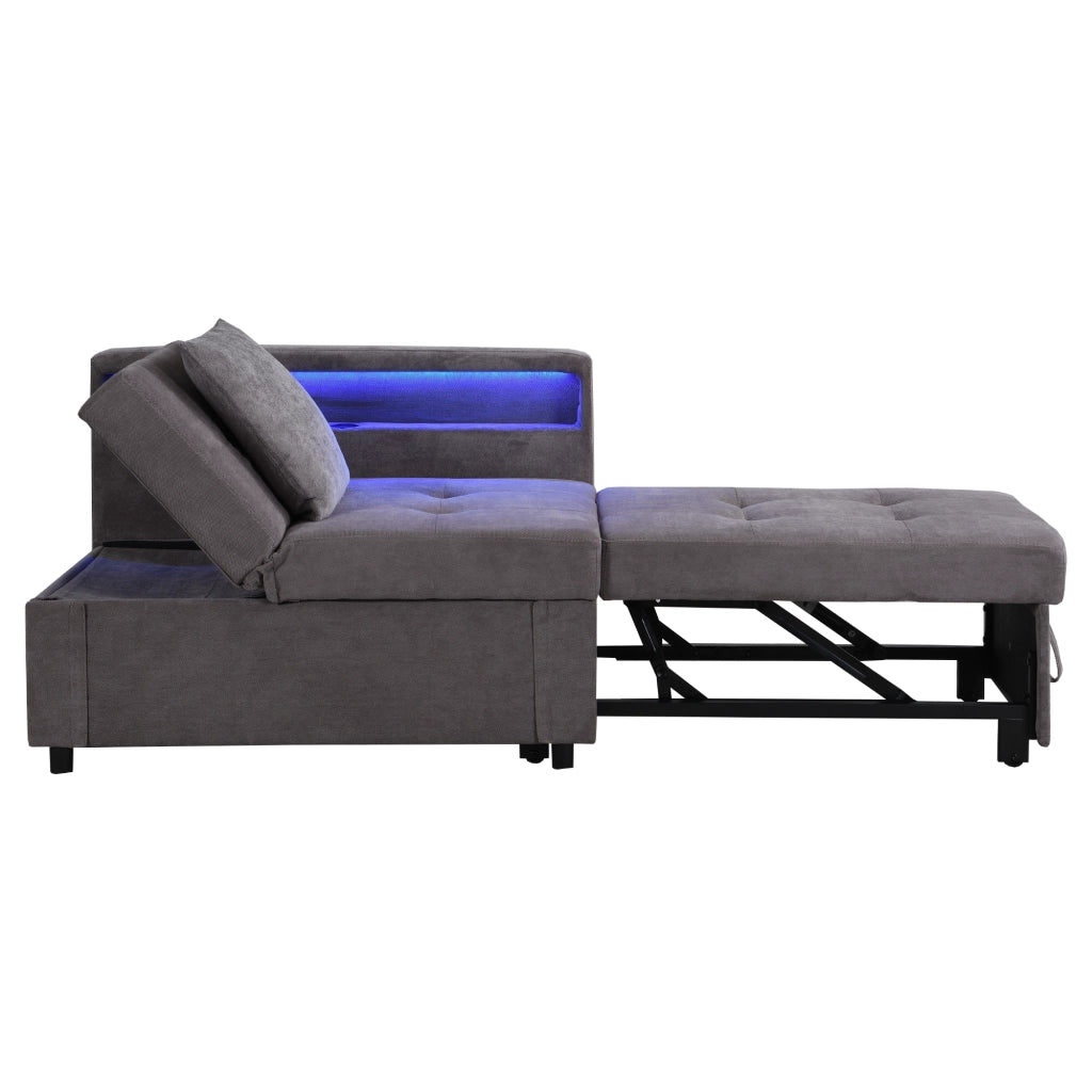 Divano letto 3 in 1 con schienale reclinabile, luci LED e porte USB/Type-C, grigio scuro