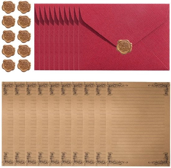 Set di carta da lettera - 10 fogli di carta da lettera - 10 buste - 10 adesivi per sigillatura - stile vintage - carta - dimensioni viste nell'immagine - attrezzature per la scrittura